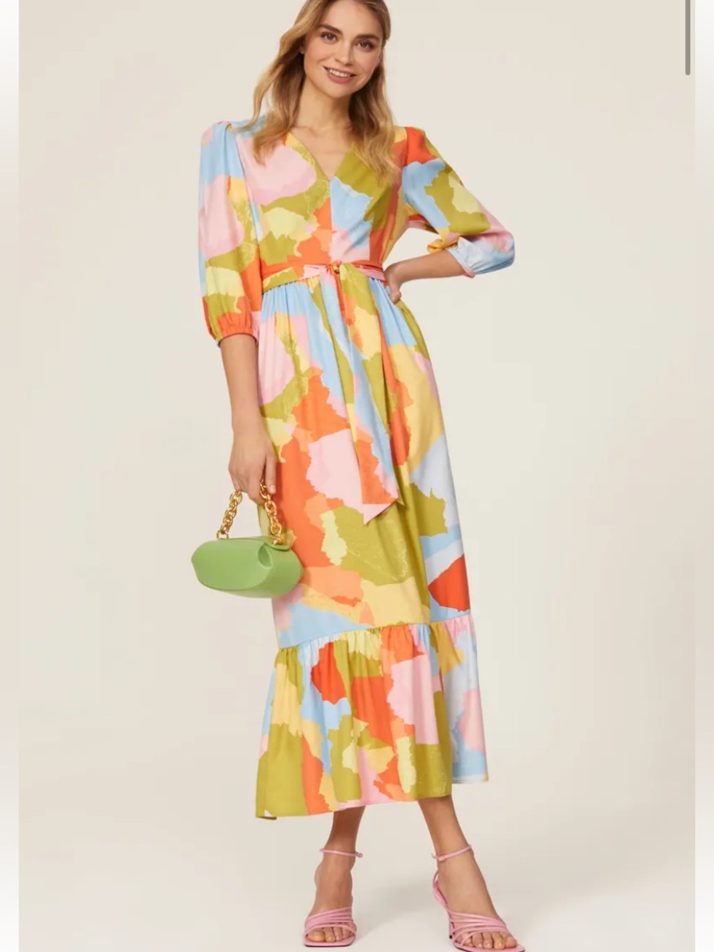 Donna Morgan Women's Multicolored Printed Puff Sleeve Midi Dress Size 4 *FLAWS